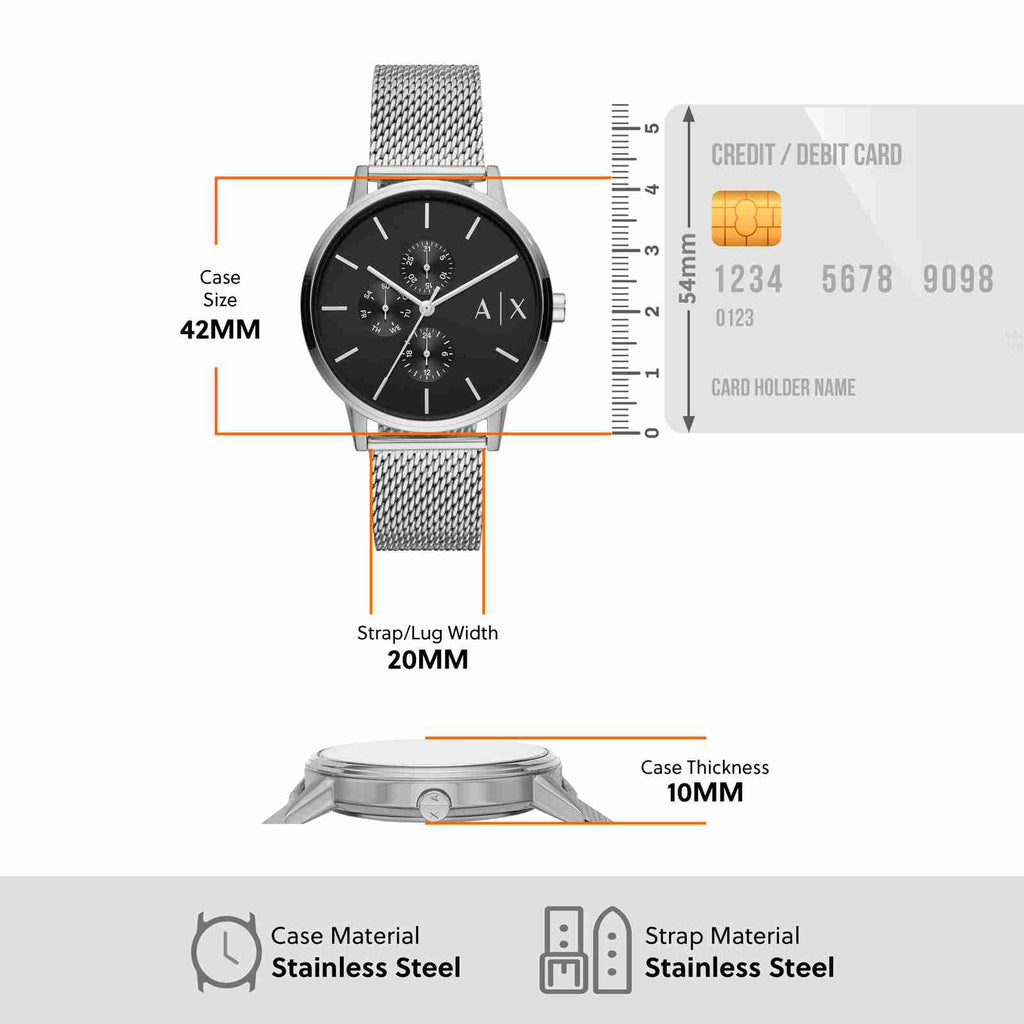 AX watch with measurements and credit card comparison.