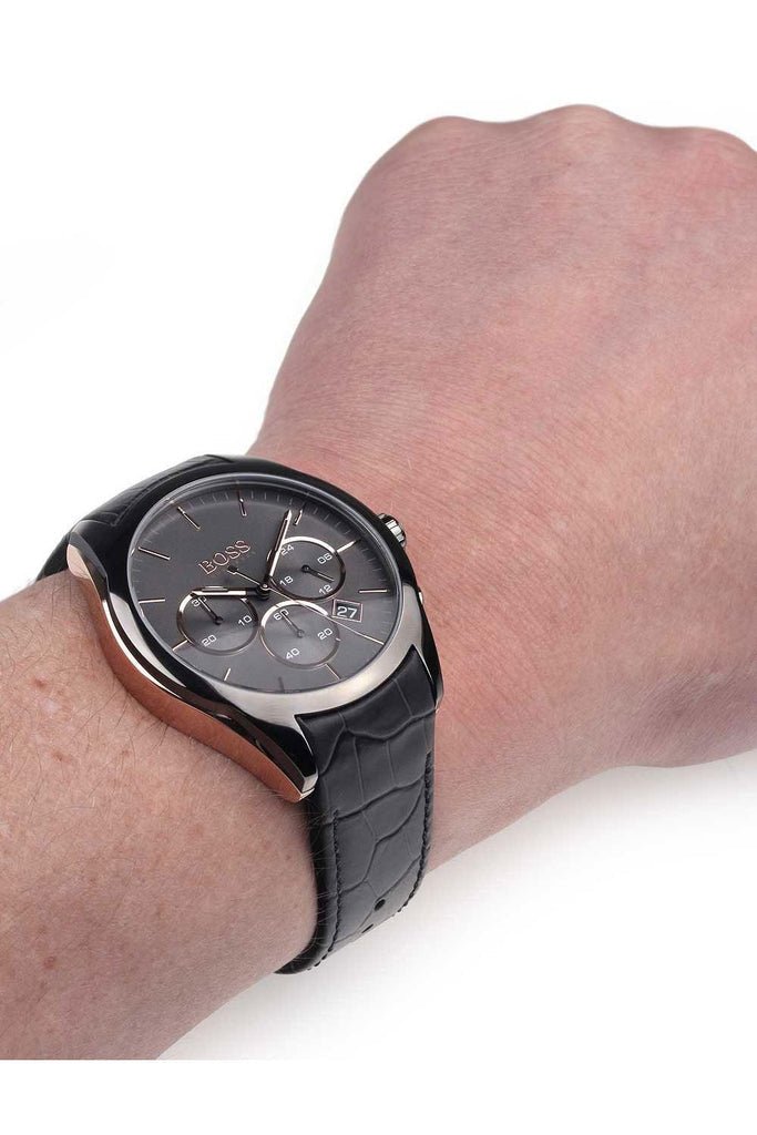 Hugo Boss Onyx Grey Dial Black Leather Strap Watch for Men - 1513366