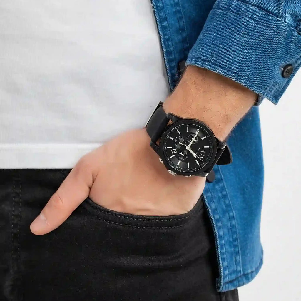 Black watch on wrist, denim shirt - hw5amrajwziwrnxxw