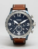 Fossil Nate Chronograph Navy Blue Dial Brown Leather Strap Watch for Men - JR1504