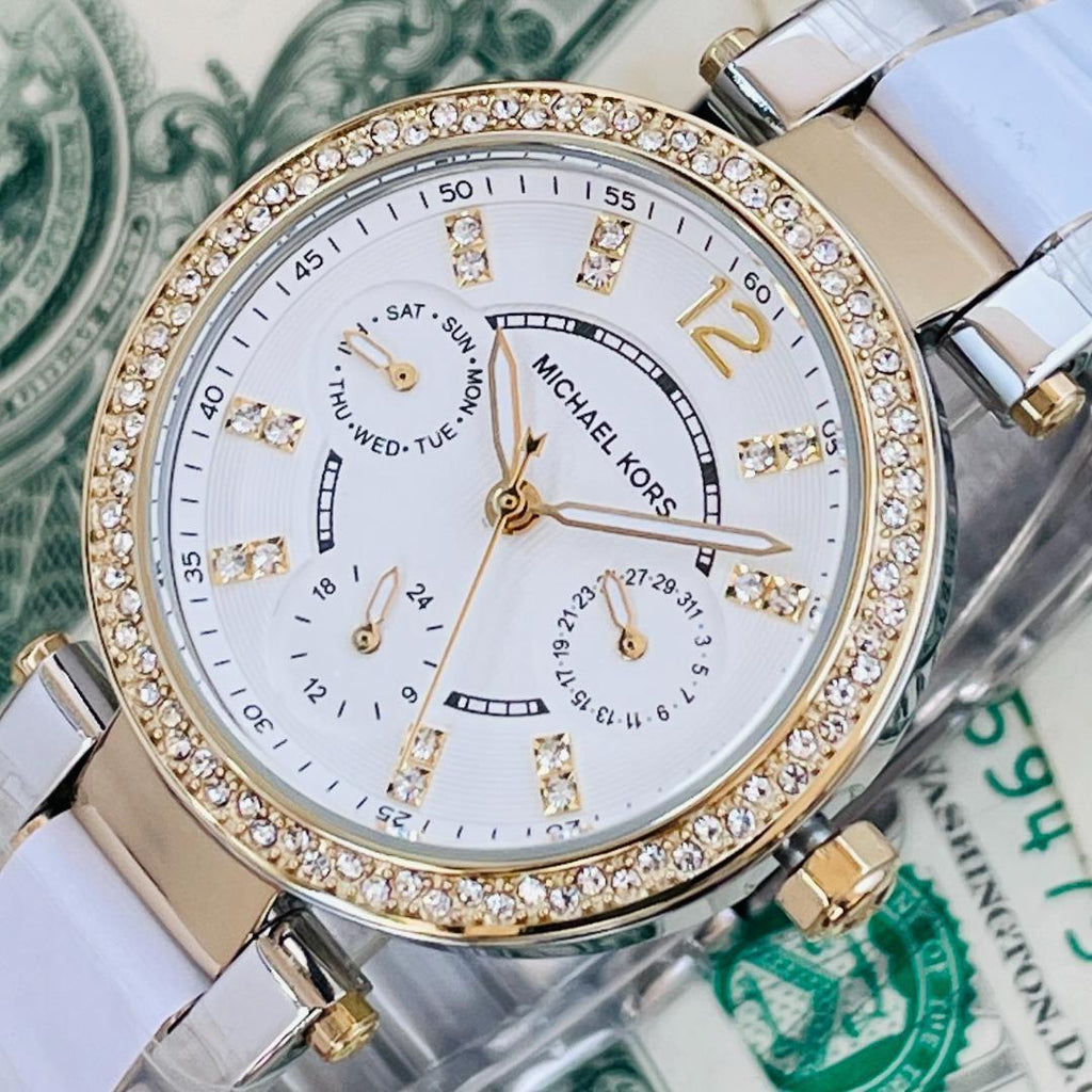 Michael Kors Parker White Dial Two Tone Steel Strap Watch for Women - MK6055