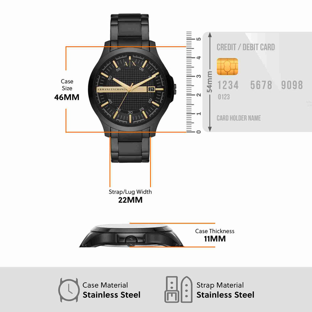 Armani Exchange AX2413 men's watch with dimensions and credit card comparison.