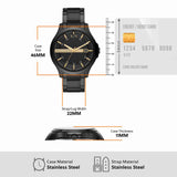 Armani Exchange AX2413 men's watch with dimensions and credit card comparison.