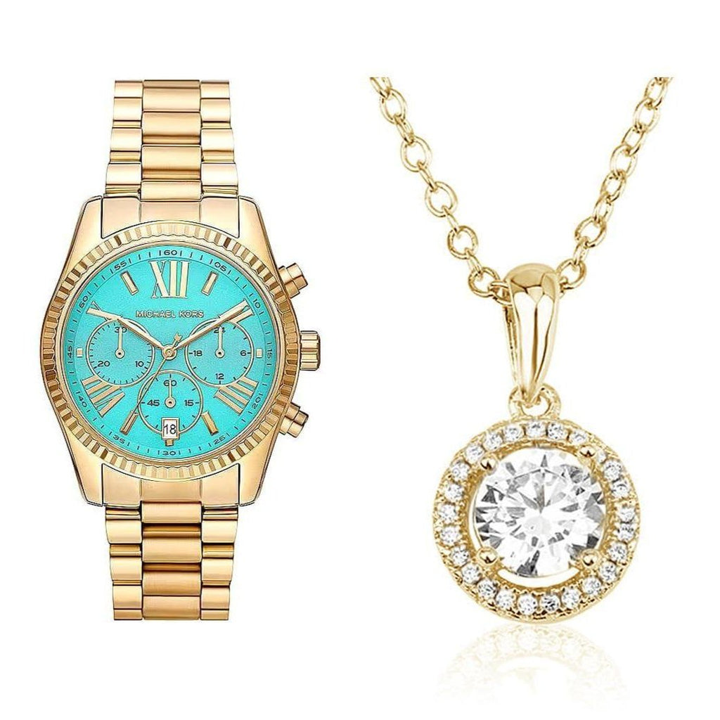 Michael Kors Lexington Chronograph Blue Dial Gold Steel Strap Watch For Women - MK7216