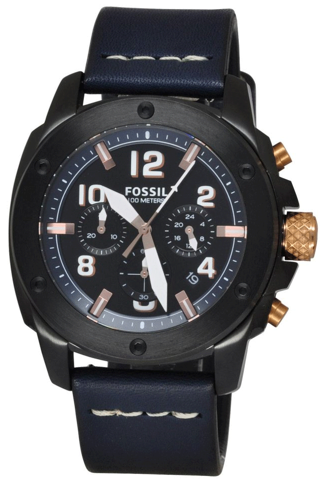 Fossil Modern Machine Chronograph Black Dial Blue Leather Strap Watch for Men - FS5066