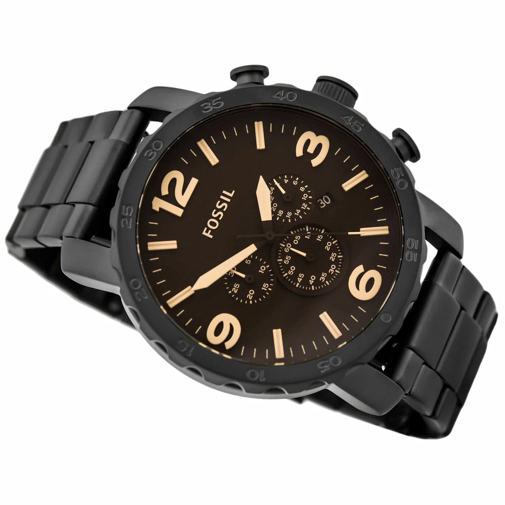Fossil Nate Chrongraph Ion Plated Black Dial Black Steel Strap Watch for Men - JR1356