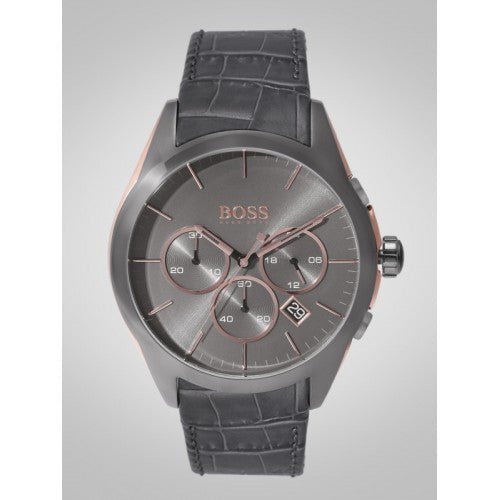 Hugo Boss Onyx Grey Dial Black Leather Strap Watch for Men - 1513366