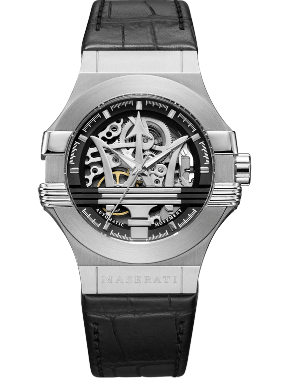 Maserati Potenza Automatic Black Dial Black Leather Strap Watch For Men - R8821108001