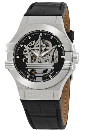 Maserati Potenza Automatic Black Dial Black Leather Strap Watch For Men - R8821108001