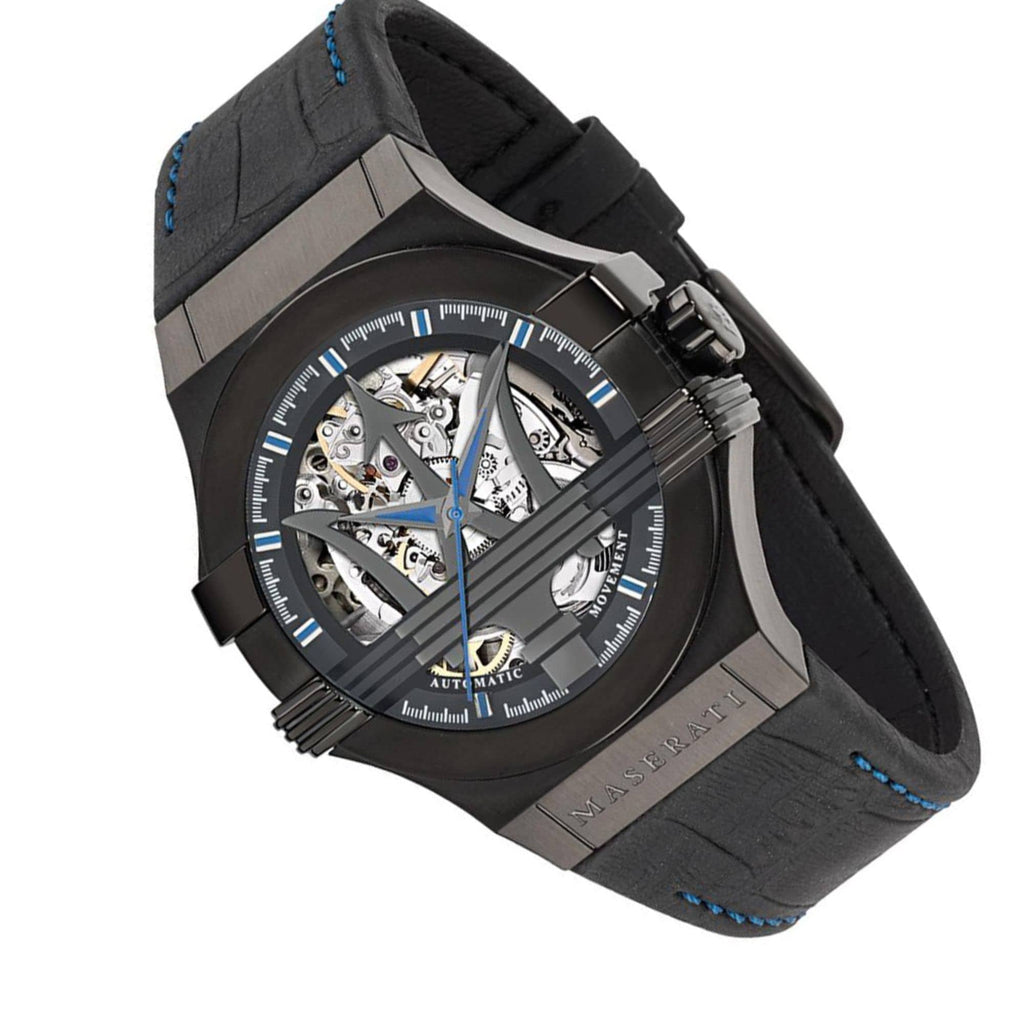 Maserati Potenza Automatic Black Dial Black Leather Strap Watch For Men - R8821108009