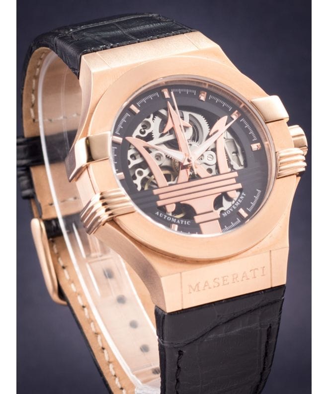Maserati Potenza Automatic Rose Gold Dial Black Leather Strap Watch For Men - R8821108002
