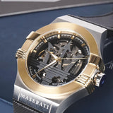 Maserati Potenza Automatic Skeleton Dial Black Leather Strap Watch For Men - R8821108011