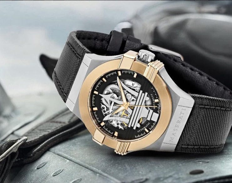 Maserati Potenza Automatic Skeleton Dial Black Leather Strap Watch For Men - R8821108011
