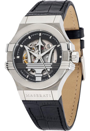 Maserati Potenza Automatic Black Dial Black Leather Strap Watch For Men - R8821108038