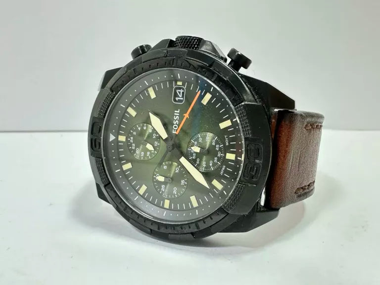 Fossil watch with black case and brown leather band
