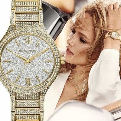 Michael Kors Kerry Crystals Gold Dial Gold Steel Strap Watch For Women - MK3360