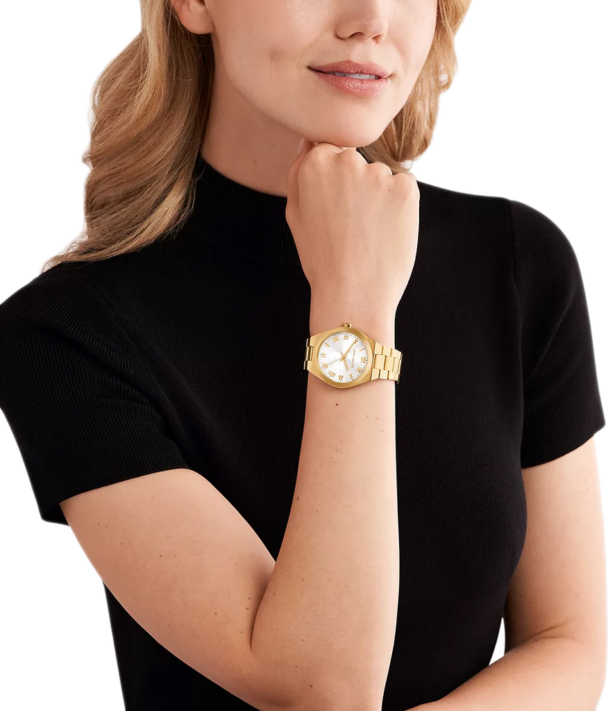 Michael Kors Lennox Three Hand Silver Dial Gold Steel Strap Watch For Women - MK7391