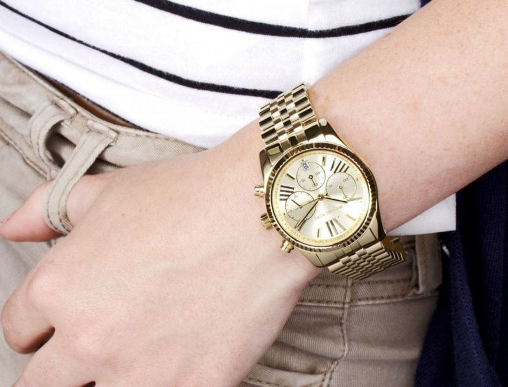 Michael Kors Lexington Chronograph Gold Dial Gold Steel Strap Watch for Women - MK5556