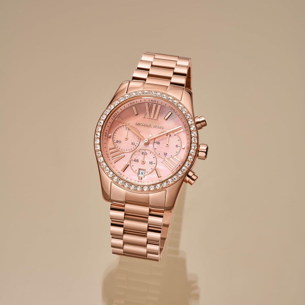 Michael Kors Lexington Chronograph Rose Gold Dial Rose Gold Steel Strap Watch for Women - MK7242