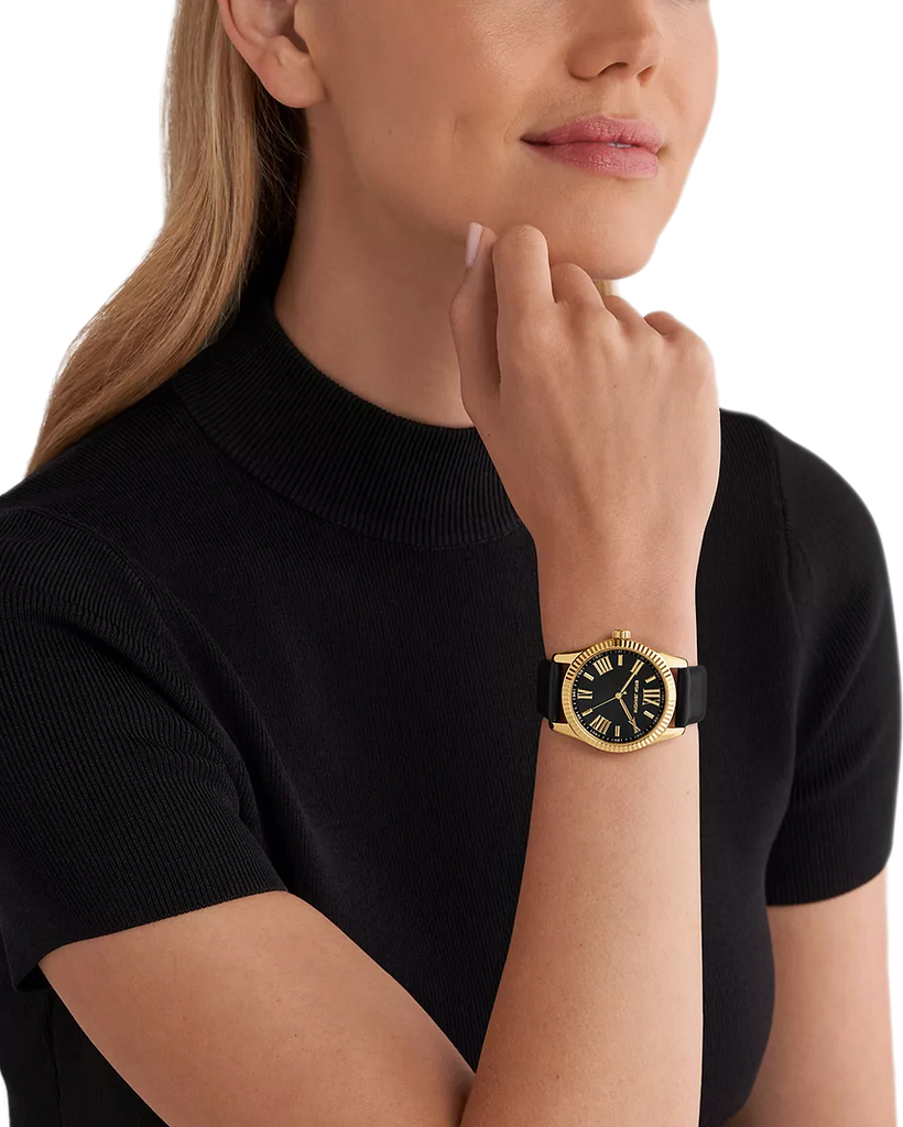 Michael Kors Lexington Black Dial Black Leather Strap Watch For Women - MK4748