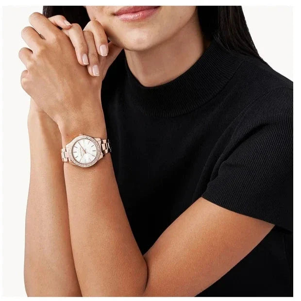 Michael Kors Lilane Three Hand Mother of Pearl White Dial Rose Gold Steel Strap Watch For Women - MK4557
