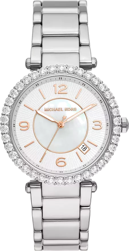 Michael Kors Parker Three Hand Mother of Pearl White Dial Silver Steel Strap Watch For Women - MK4694