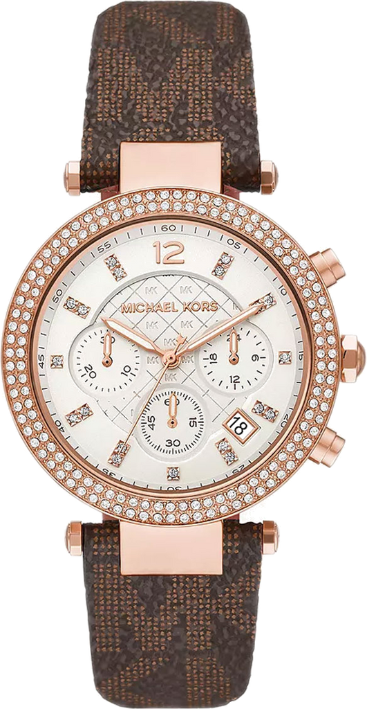 Michael Kors Parker Chronograph White Dial Brown Leather Strap Watch For Women - MK6917
