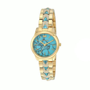 Michael Kors Petite Runway Mercer Blue Dial Gold Steel Strap Watch For Women - MK6673