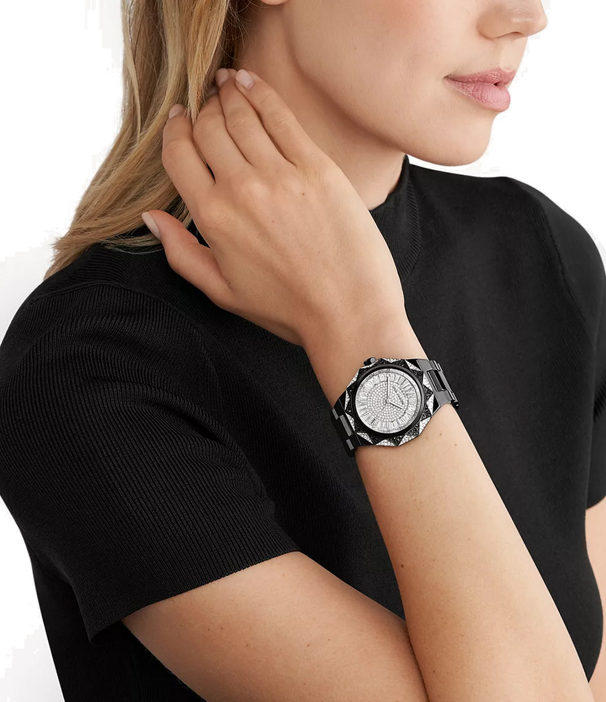 Michael Kors Raquel Three Hand Silver Dial Black Steel Strap Watch For Women - MK4692