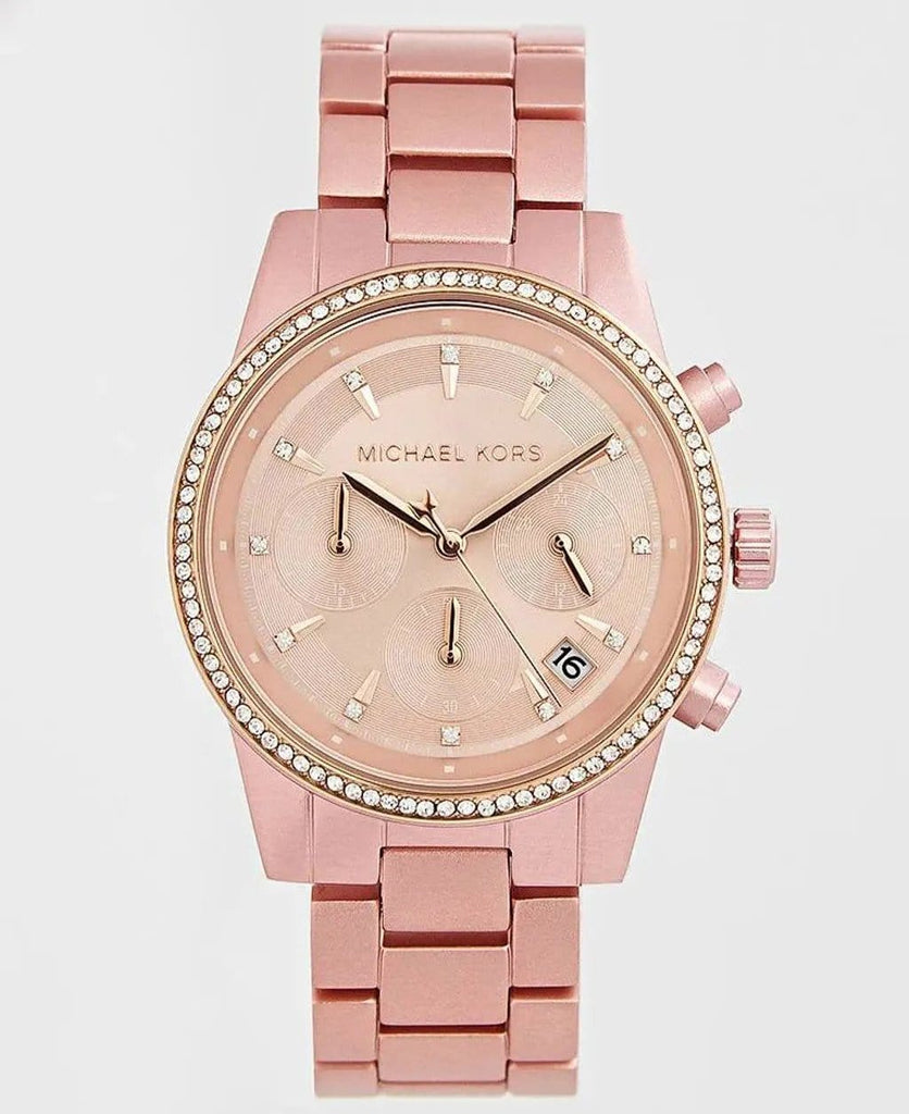 Michael Kors Ritz Chronograph Rose Gold Dial Rose Gold Steel Strap Watch For Women - MK6753