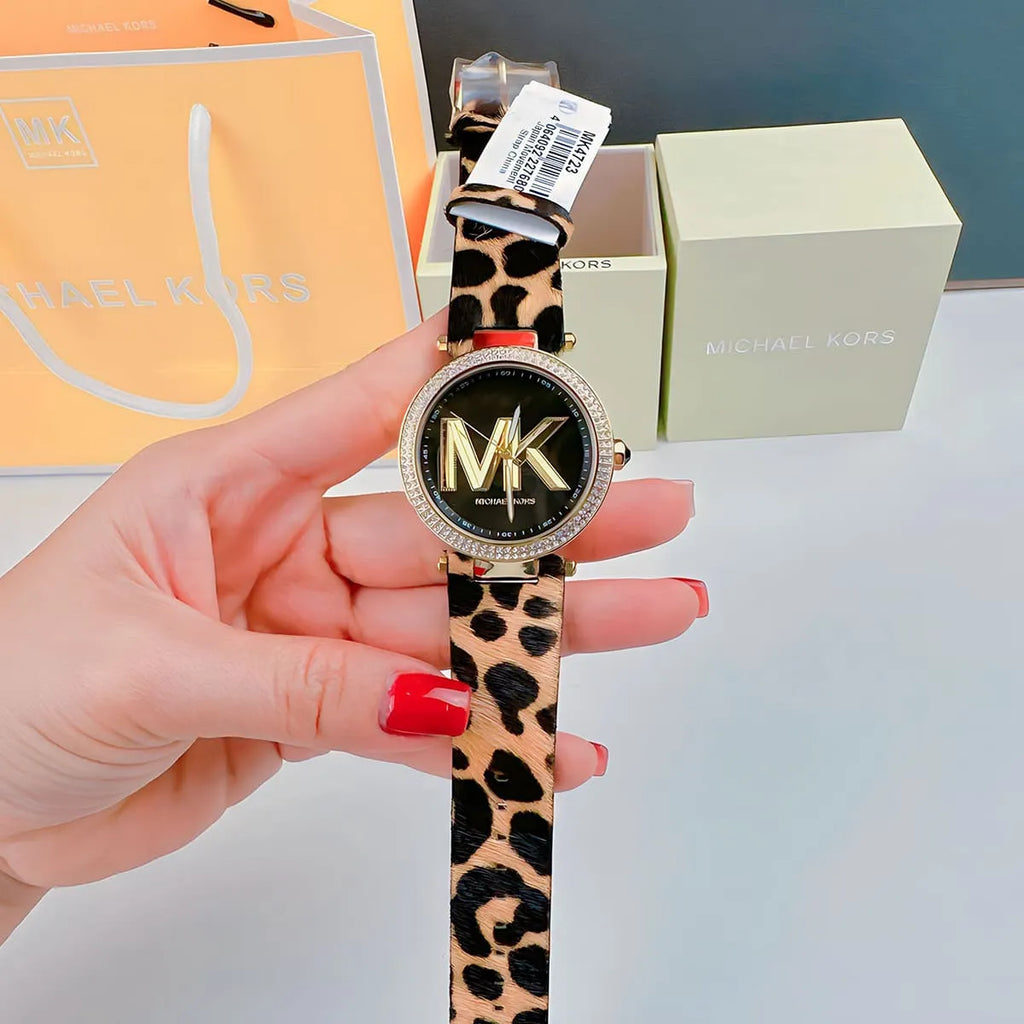 Michael Kors Parker Black Dial Cheetah Print Brown Leather Strap Watch For Women - MK4723