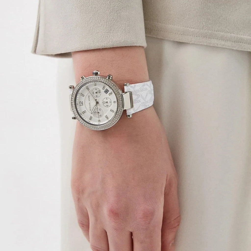 Michael Kors Parker Chronograph White Dial White Leather Strap Watch For Women - MK7226