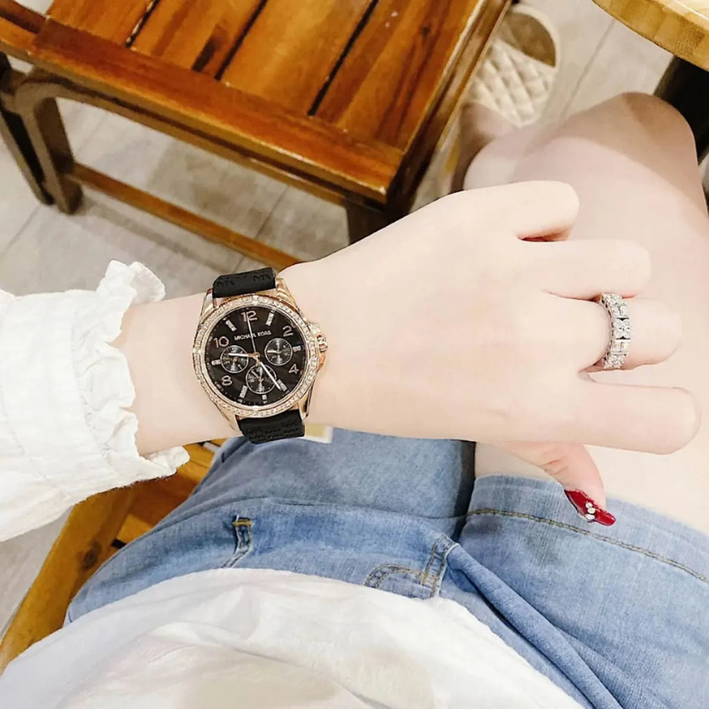 Michael Kors Mini Pilot Black Dial Black Silicone Strap Watch For Women - MK7373