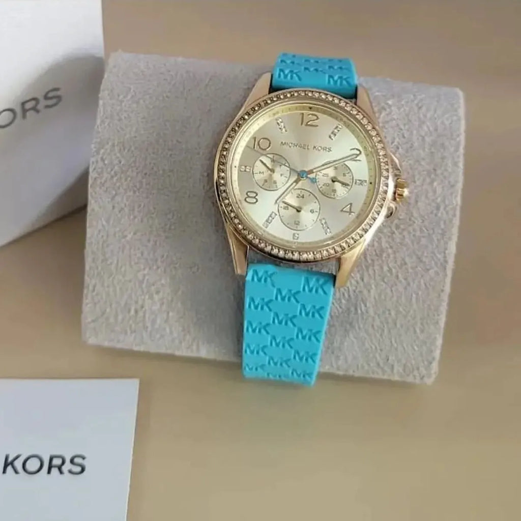 Michael Kors Mini Pilot Quartz Gold Dial Blue Silicone Strap Watch For Women - MK7374