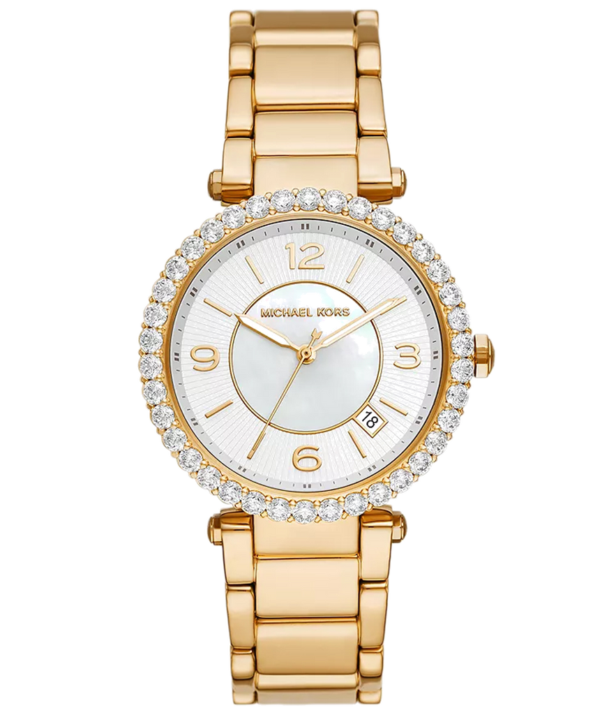 Michael Kors Parker Mother of Pearl White Dial Gold Steel Strap Watch For Women - MK4693