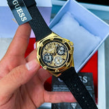 Guess Asteria Multifunction Gold Dial Black Rubber Strap Watch For Women - GW0620L2