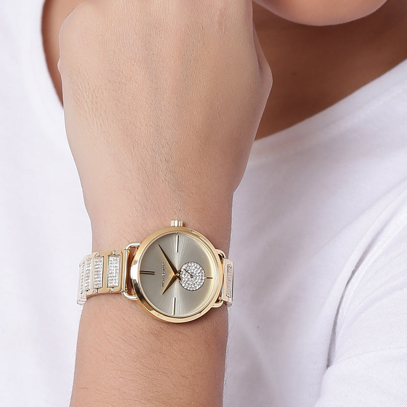 Michael Kors Portia Three-Hand Crystals Gold Dial Gold Steel Strap Watch for Women - MK4602