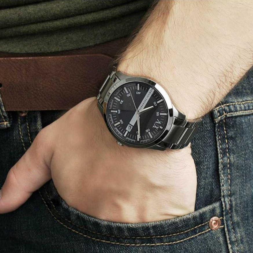 Armani Exchange black dial watch AX2103 on wrist