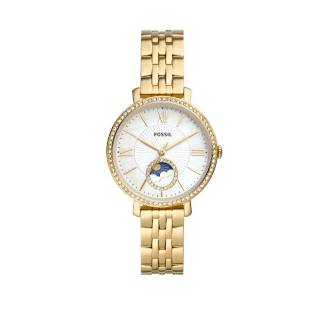 Fossil Jacqueline Moonphase Mother of Pearl Dial Gold Steel Strap Watch for Women - ES5167