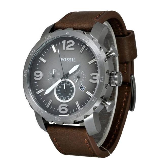 Fossil Nate Chronograph Grey Dial Brown Leather Strap Watch for Men - JR1424