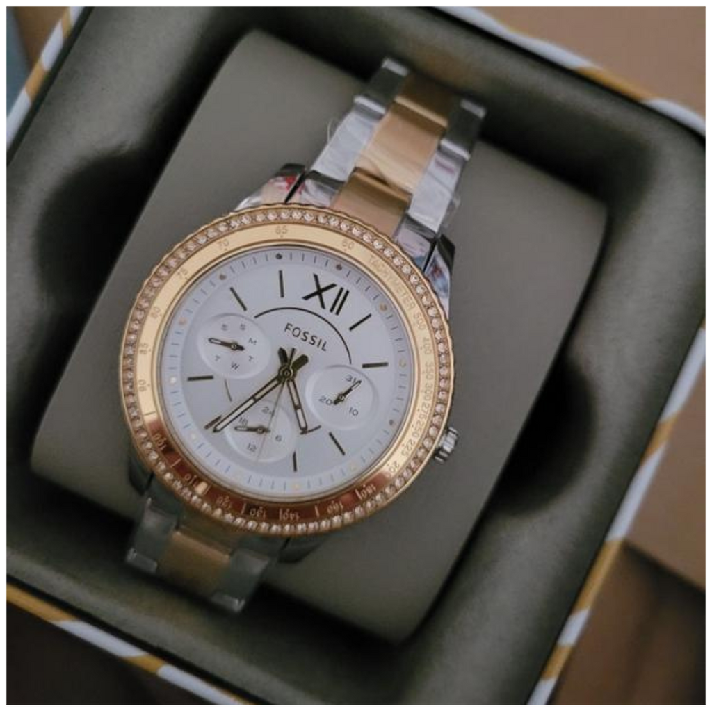 Fossil Stella Sport Multifunction Silver Dial Two Tone Steel Strap Watch for Women - ES5107