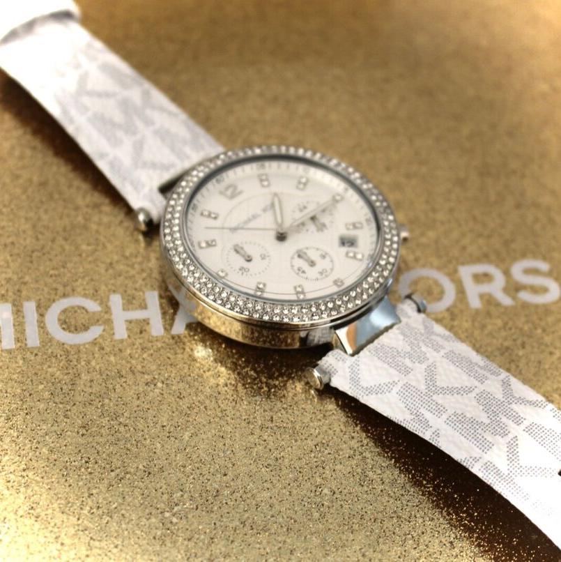 Michael Kors Parker Chronograph White Dial White Leather Strap Watch For Women - MK7226