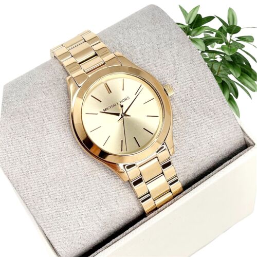 Michael Kors Mini Runway Slim Gold Dial Gold Steel Strap Watch for Women - MK3512