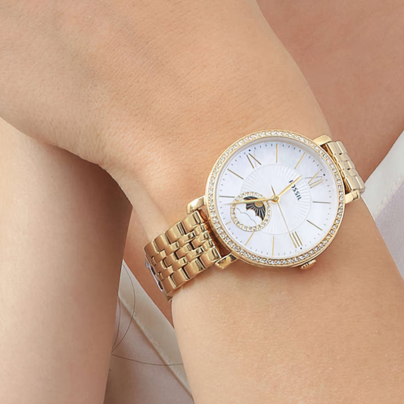 Fossil Jacqueline Moonphase Mother of Pearl Dial Gold Steel Strap Watch for Women - ES5167