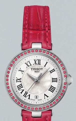 Tissot Bellissima Small Lady Diamonds Mother of Pearl Dial Red Leather Strap Watch For Women - T126.010.66.113.00