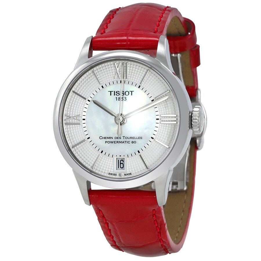 Tissot Chemin Des Tourelles Automatic Mother of Pearl White Dial Red Leather Strap Watch For Women - T099.207.16.118.00