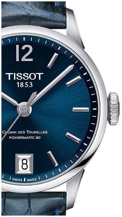 Tissot Chemin Des Tourelles Powermatic 80 Lady Blue Dial Blue Leather Strap Watch For Women - T099.207.16.047.00