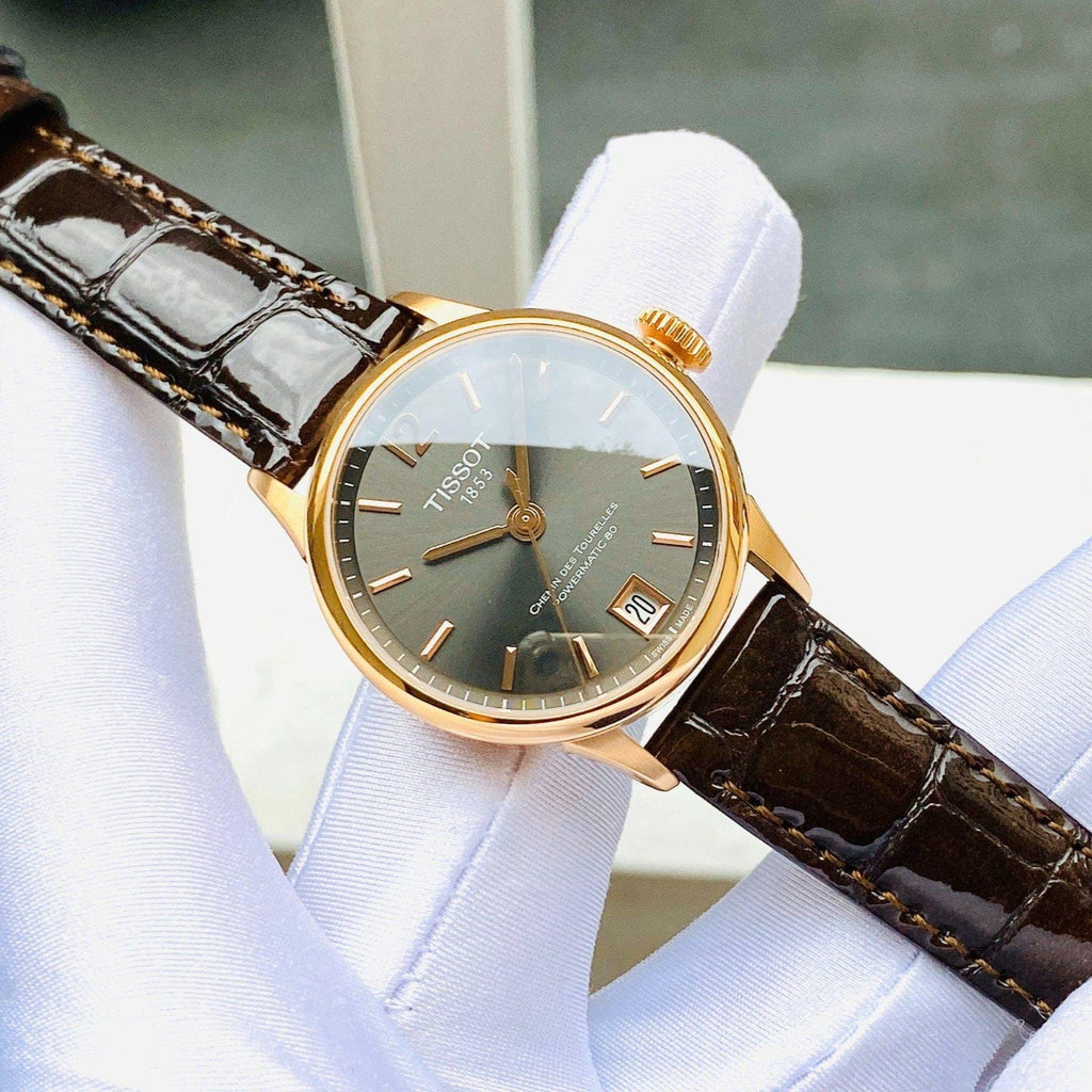 Tissot Chemin Des Tourelles Powermatic 80 Lady Brown Dial Brown Leather Strap Watch For Women - T099.207.36.447.00