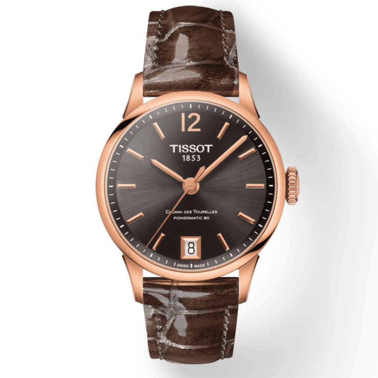 Tissot Chemin Des Tourelles Powermatic 80 Lady Brown Dial Brown Leather Strap Watch For Women - T099.207.36.447.00