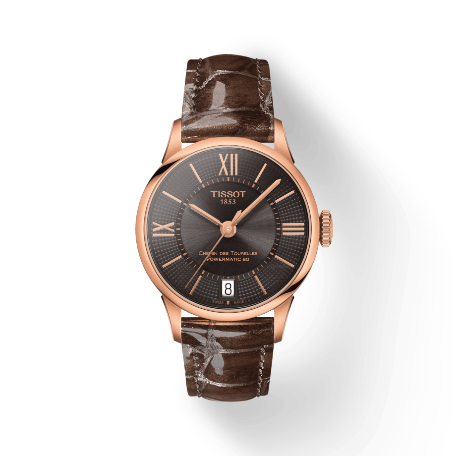 Tissot Chemin Des Tourelles Powermatic 80 Lady Brown Dial Brown Leather Strap Watch For Women - T099.207.36.448.00